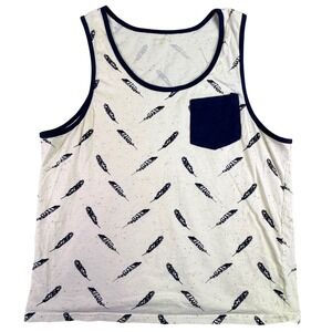 Mens Feather Print Tank Top Cream Navy Blue Speckled Pocket Sleeveless Shirt L